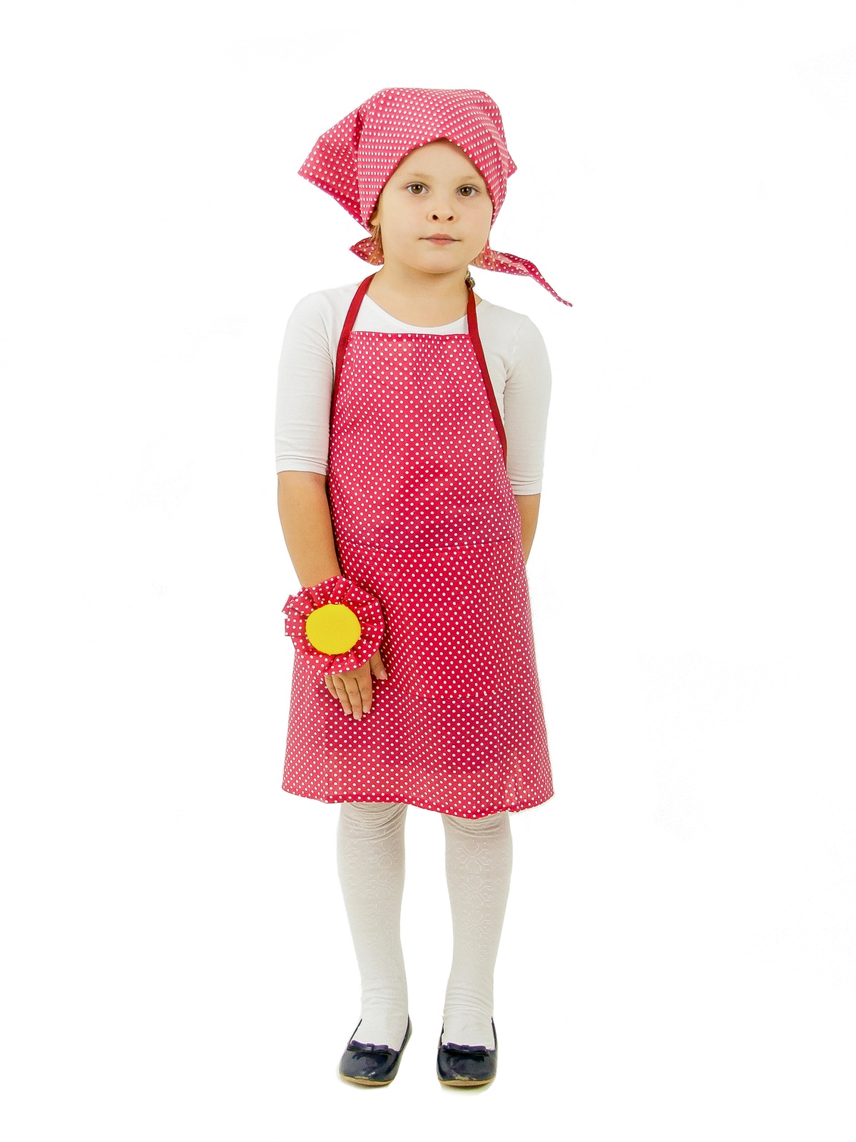 Seamstress (apron + headscarf + pincushion worn on a hand)