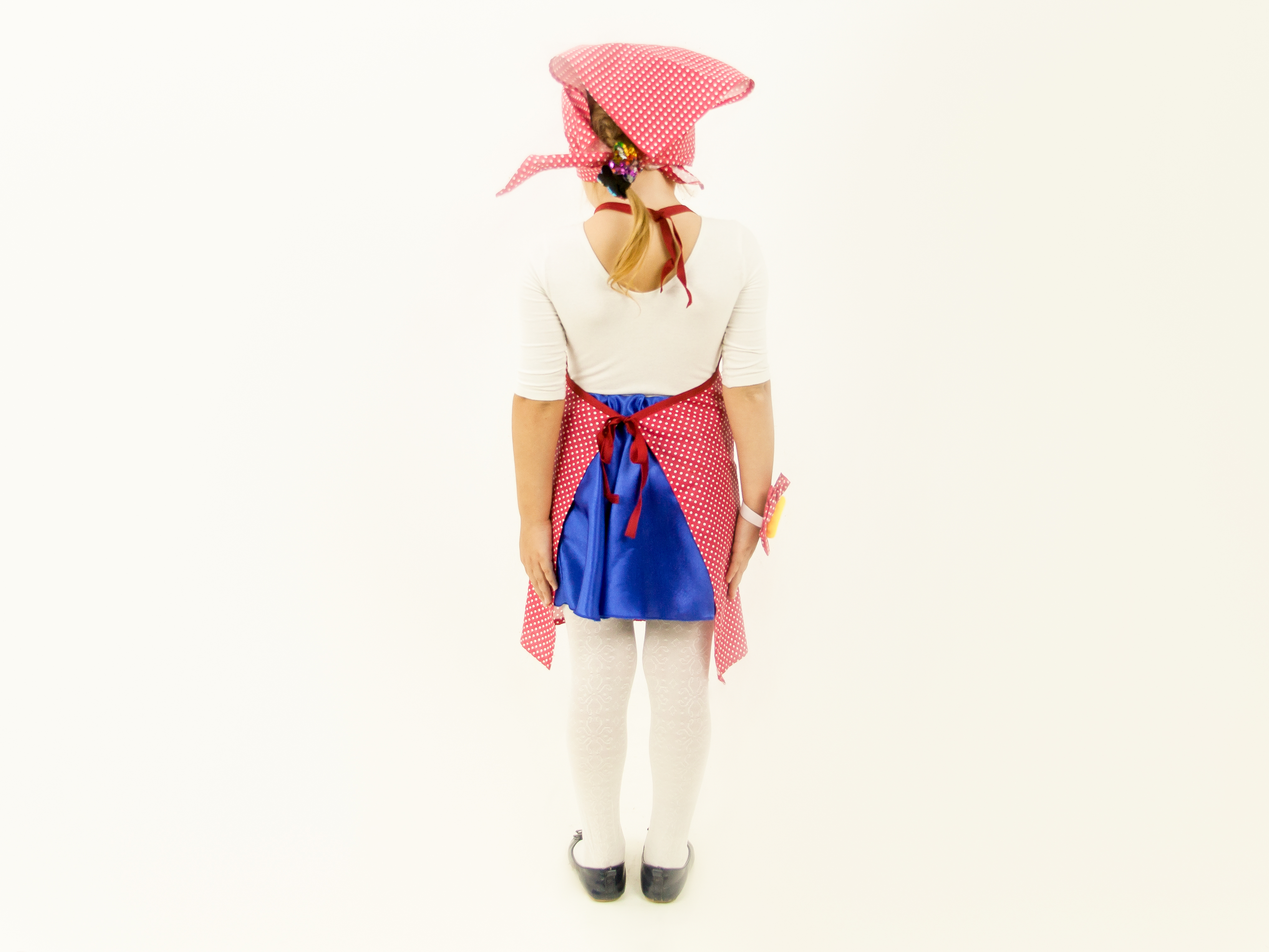 Seamstress (apron + headscarf + pincushion worn on a hand)